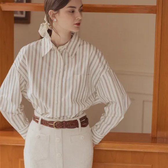 LENINA Kara Loose Pin Stripe Shirt_Beige - Picture 3 of 7